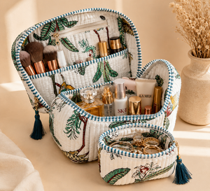 Set de Bolsas Cosméticas Acolchadas de Algodón Verde, Organizador de Maquillaje con Estampados de Animales, Estilo Bohemio, Ecológico, para Viaje - Product Image 5