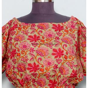 All Seasons <b>Indian</b> Cotton <b>Top</b> Women O-Neck Detailing Puff Sleeve Floral Print Eco-Friendly Breathable Elastic Waistline <b>top</b> - Product Image 3