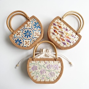 Rattan Half Moon <b>Handbag</b> With Mother Of <b>Pearl</b> Bohemian Style Women's Drawstring Closure Eco Friendly Daily Use Bag - Product Image 1