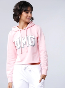 Sweat-shirt à capuche rose pour femme, coupe courte, imprimé lettres, décontracté, pour l'automne, 100 % coton tricoté, respirant, manches longues - Product Image 1