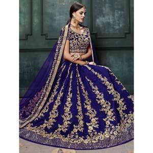 Tenue de soirée impressionnante de couleur bleu marine en soie brute Lehenga Choli - Product Image 5