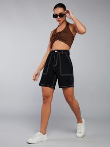 Shorts en jean noir décontractés, coupe ample, écologiques, en coton lavé, pour femmes, longueur genou. - Product Image 5