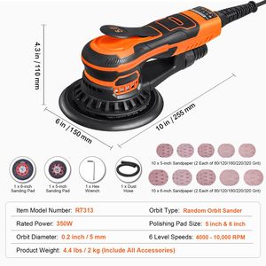 Lijadora Orbital Aleatoria sin Escobillas de 350W, 5-6 Pulgadas, 10,000 RPM, 6 Velocidades Variables, Lijadora Eléctrica de Palma, 20 Piezas para Maquinaria de Carpintería - Product Image 4