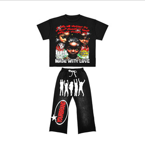 240 GSM Cotton T <b>Shirt</b> Pant Black <b>Flames</b> Custom DTG Screen Print Embroidery Streetwear Set 2 piece set - Product Image 2
