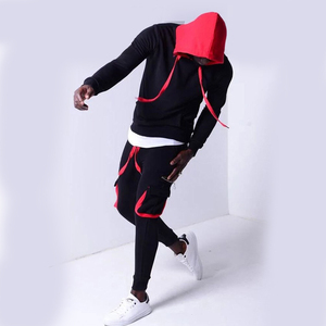 Survêtement imprimé respirant à capuche pour homme, noir et rouge contrastant, manches longues, coupe classique, streetwear, tenue d'automne, fermeture à cordon - Product Image 5