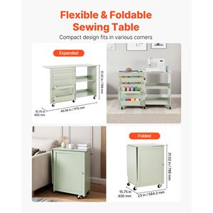 Compact Multipurpose <b>Folding</b> Sewing Machine <b>Table</b> with Wheels Wooden Pegs Storage <b>Trays</b> and Shelf-Home Furniture - Product Image 3