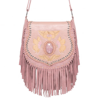 Sac bandoulière bohème RABADA en cuir véritable fait main et peint à la main, taille XL, avec pierres précieuses et chaîne à pompons, toutes saisons