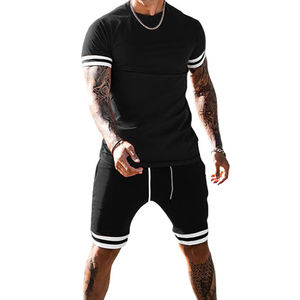 Ensemble deux pièces d'été pour homme, 100 % coton uni, sur mesure, respirant, t-shirt et short décontractés, option prix de gros - Product Image 1