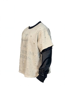 Custom Vintage Oversized for Distressed Rhinestone Cross Graphic Layered Fake Two Piece Faux Leather Sleeve Men Streetwear - Product Image 3