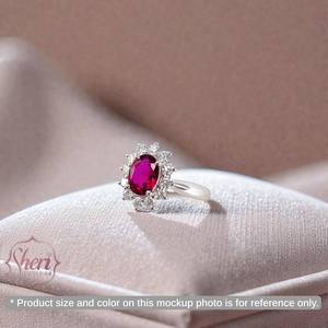 Anillo de Oro Blanco Sólido de 18K para Mujer, con Rubí de Corte Brillante y Halo de Diamantes, Diseño Diana Ovalado, de Sheri Jewels, para Fiestas y Eventos - Product Image 3