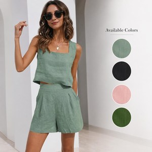 Women's <b>Linen</b> Cotton 2 Piece Shorts <b>Set</b> Sleeveless Square Neck Loose Fit Casual Solid Color Summer Outfit With Pockets - Product Image 1