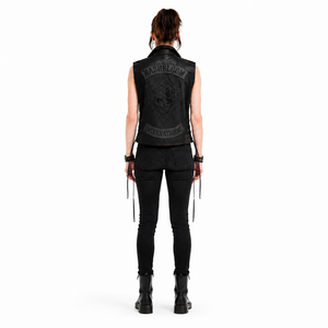 Gilet de motard asymétrique en jean personnalisé pour femme, style punk, coupe club, patchwork, surpiqûres rouges, fermeture éclair, OEM - Product Image 2