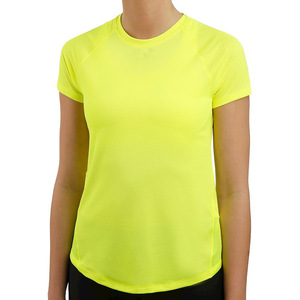 Camiseta de malla de manga corta con cuello redondo en amarillo neón para mujer, ecológica, antiarrugas, de secado rápido, transpirable, de corte regular, informal. - Product Image 1