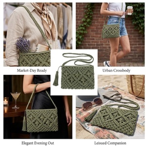 Handmade Bag for Women Stylish <b>Green</b> Cotton Rope Hand Woven Shoulder Sling Bag with Zipper Closure Casual Beach Travel <b>Purse</b> - Product Image 2