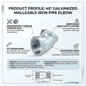 Coude de tuyauterie en fonte malléable galvanisée à 45 degrés, filetage NPT femelle, résistant à la corrosion pour la plomberie et l'alimentation en eau - Product Image 1