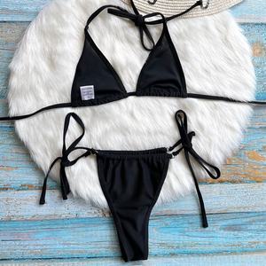 Women's Solid <b>Black</b> Two Piece Bikini Set Lace Up <b>String</b> Swimwear Tie Side Bottoms Stretch Spandex Nylon Swimsuits - Product Image 2