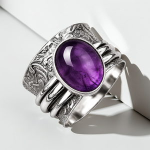 Royal Violet Amethyst Brass Bezel Set <b>Ring</b> Handmade Vintage Engraved Silver Plated Spinner <b>Statement</b> Gemstone Jewelry for - Product Image 5
