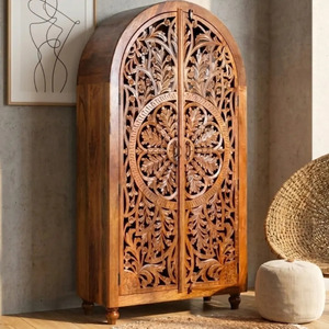 Indian Luxury Antique Royal Wardrobes For <b>Bed</b> Room Modern Natural Floral Hand Carved Wooden Storage <b>Cabinet</b> Almirah Wholesale - Product Image 1