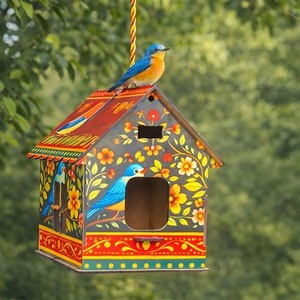 Mangeoire à oiseaux artisanale en bois de manguier - Design folklorique blanchi vieilli - Vente en gros - Product Image 5