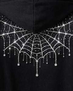 Sudadera con capucha negra de tejido grueso con diseño de telaraña de diamantes de imitación, estilo oversize, con bolsillo canguro, personalizada, de fabricante de ropa urbana - Product Image 6