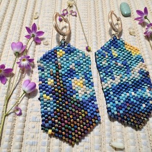 Pendientes de aro con cuentas de mosaico azul, joyería geométrica hecha a mano con flecos, accesorios de moda bohemios para mujeres y niñas, elegantes - Product Image 5