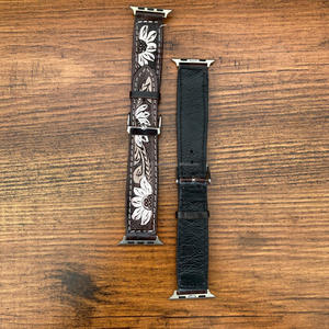Vintage Style Hand <b>Tooled</b> Genuine Leather Watch Bands with Custom Floral Carving <b>Plain</b> Strap Design for Men &Women Smart Watches - Product Image 6