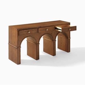 Modern <b>Rustic</b> Teak Wood Console Table with 5 Drawers Shaker <b>Door</b> Arched Design Living Room Cabinet Furniture - Product Image 2