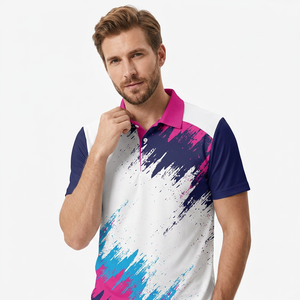 Polo à manches courtes pour homme avec imprimé abstrait, couleurs rose, bleu et blanc, coupe décontractée, en polyester tricoté à séchage rapide - Product Image 6