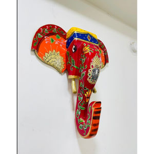 Sculpture murale en bois artisanale en forme de tête d'éléphant, style Art Déco, avec design vertical (art indien traditionnel) - Décoration pour l'anniversaire de Diwali - Product Image 2