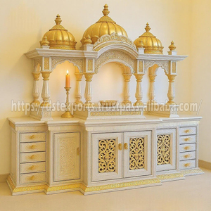 Temple domestique hindou de luxe avec sculptures d'éléphants sur la base, Pooja Mandir royal en bois doré avec piliers sculptés en forme d'éléphant pour les maisons américaines - Product Image 6
