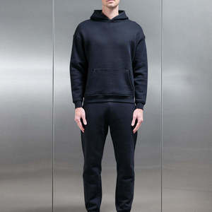 Ensemble de survêtement unisexe noir à capuche 2-en-1 anti-plis, manches longues, couleur unie, décontracté, sweat-shirt et pantalon de jogging léger - Product Image 4