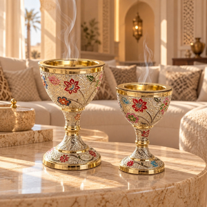 Ensemble de brûleurs à bakhoor en laiton floral, porte-encens en métal orné |   Mabkhara Oud Arabe Gravée, Décoration Islamique, Paire de Socles Dorés - Product Image 2