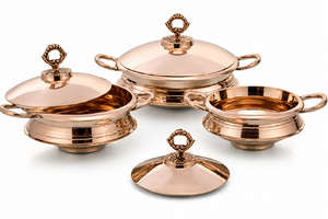 Durable Safe New Design Hammered <b>Copper</b> Finish Stainless Steel Kadai Serving Bowl with Decorative Brass Handles - Product Image 4