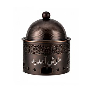 Casserole isotherme en métal noir avec couvercle en dôme martelé, poignée en bois, design oriental ajouré - Product Image 6