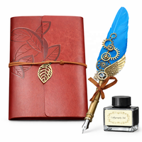 Coffret Cadeau Journal en PU Spirale Vintage Fait Main - Plume Calligraphique Antique et Carnet à Bordures Déchirées 100 Feuilles Boîte de Luxe