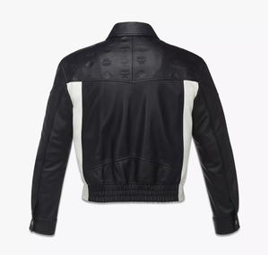 Men's Black <b>White</b> Color Block <b>Leather</b> Breathable Windproof Moto Jacket Embossed Logo Belted Zipper Closure Stand Collar Slim Fit - Product Image 2