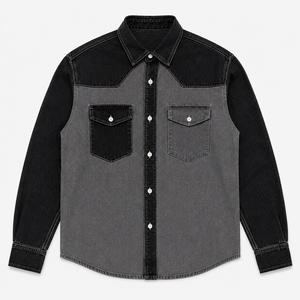 Camisa de Mezclilla Bicolor para Hombre, con Paneles en Contraste, Manga Larga, Estilo Casual Urbano, 100% Algodón, Ecológica, Antiarrugas, Personalizable - Product Image 1