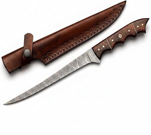 Couteau à filet en acier Damas artisanal de qualité industrielle OEM, à prix abordable, avec manche en bois de rose, lame de 8 pouces, longueur totale de 13 pouces - Product Image 1