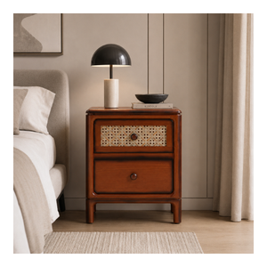 Mesita de Noche Moderna de Madera para Dormitorio con 2 Cajones y Almacenamiento Frontal de Ratán, Muebles para el Hogar, Proveedor de Decoración - Product Image 1