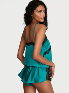 Conjunto de dormir de seda color verde azulado con encaje para mujer, sin mangas, sin tirantes, pantalones cortos, lencería de verano, satén suave, dos piezas - Product Image 2