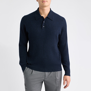 Suéter Polo de Punto Acanalado Azul Marino para Hombre, Manga Larga, Cuello Camisero, Estilo Casual para Otoño - Product Image 1
