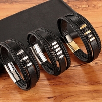Nouveaux bracelets en cuir véritable à 3 couches, style géométrique tendance noir et or, fermoir magnétique en acier inoxydable pour hommes, accessoires de bijoux