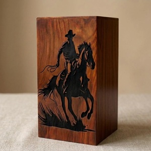 Engraved Western Cowboy Wooden Cremation Urn Eco-Friendly Durable Design-Rustic Rosewood <b>Memorial</b> <b>Box</b> 220 Cubic Inch Capacity - Product Image 4