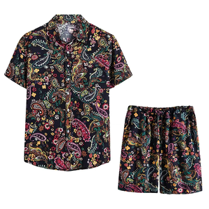 High Quality Plus Size Loose Summer Floral Breathable Casual Outdoor Play Cuban Collar Shirt Shorts Two-piece Set - Product Image 1