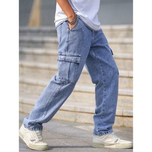 Jean cargo en denim multipoches pour homme, bleu glace, style vintage moderne tendance, style streetwear, respirant, taille 28 à 42 - Product Image 6