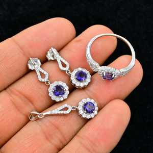 Trendy <b>Sterling</b> <b>Silver</b> Natural Iolite Jewelry <b>Set</b> 925 <b>Silver</b> Pendant Ring & <b>Earrings</b> with Round Iolite Gemstone Fine Jewelry - Product Image 3