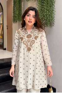 Ivory Embroidered Silk <b>Kurta</b> Palazzo Set <b>Women</b> Traditional Regular Fit Floor-Length Quick Dry Outfit India Pakistan Casual Wear - Product Image 4