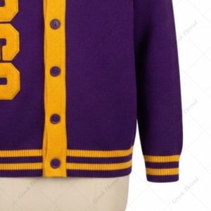 Custom Chenille Letterman College <b>Cardigan</b> V-Neck Knit Varsity Sweater with Chest Embroidery and Striped Ribbed Trim - Product Image 6