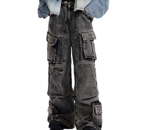 Pantalon cargo en toile délavée taille haute pour homme, style workwear, plusieurs poches, mi-saison, 100 % coton, braguette zippée - Product Image 1