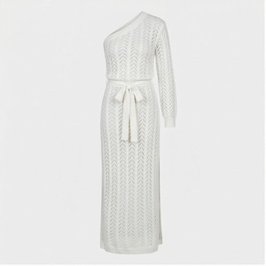 One-Shoulder Knitted <b>Maxi</b> Dress With Drawstring Waist Geometric Pattern <b>White</b> Women's Asymmetric Long Sleeve Dress - Product Image 1